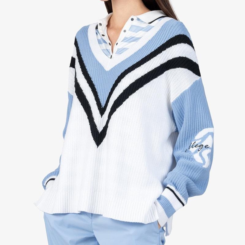 Sportalm V-Neck Colour Block Sweater – White/Blue