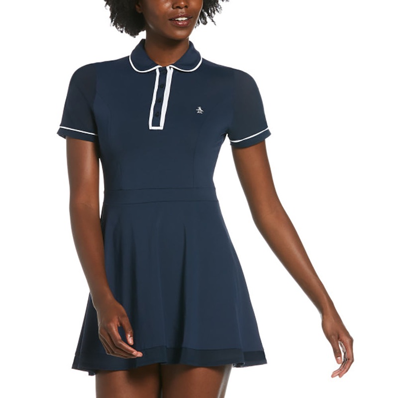 Original Penguin Ladies Mesh Detailed Short Sleeve Dress in Navy