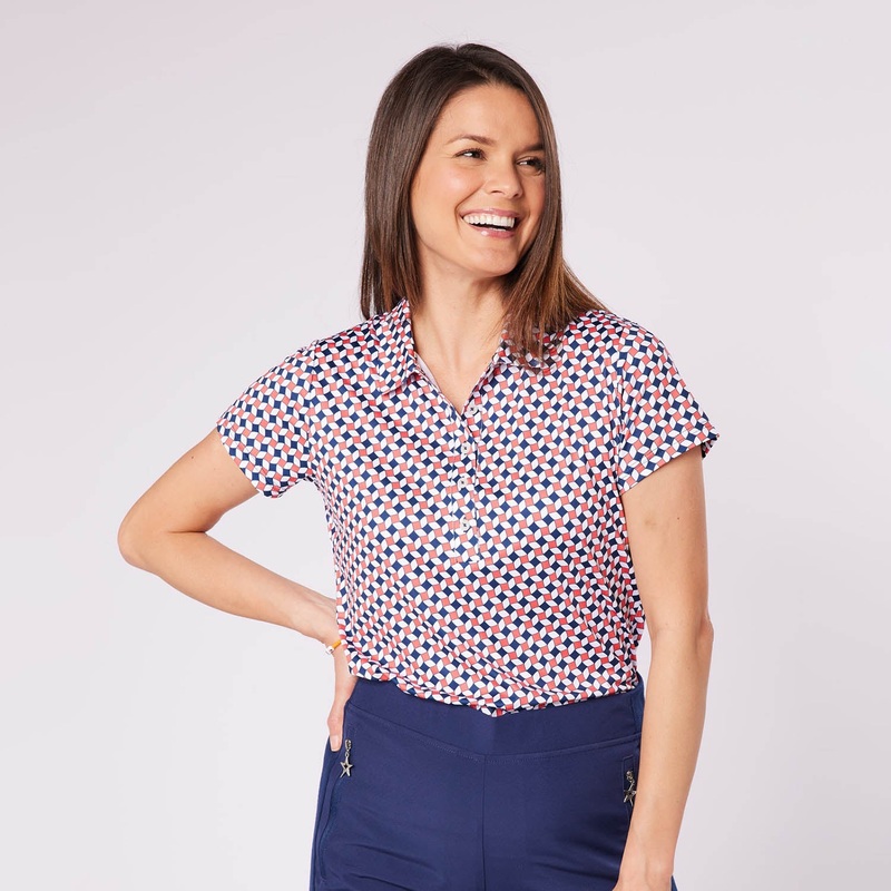 Swing Out Sister Ladies Geometric Tile Print Cap Sleeve Polo