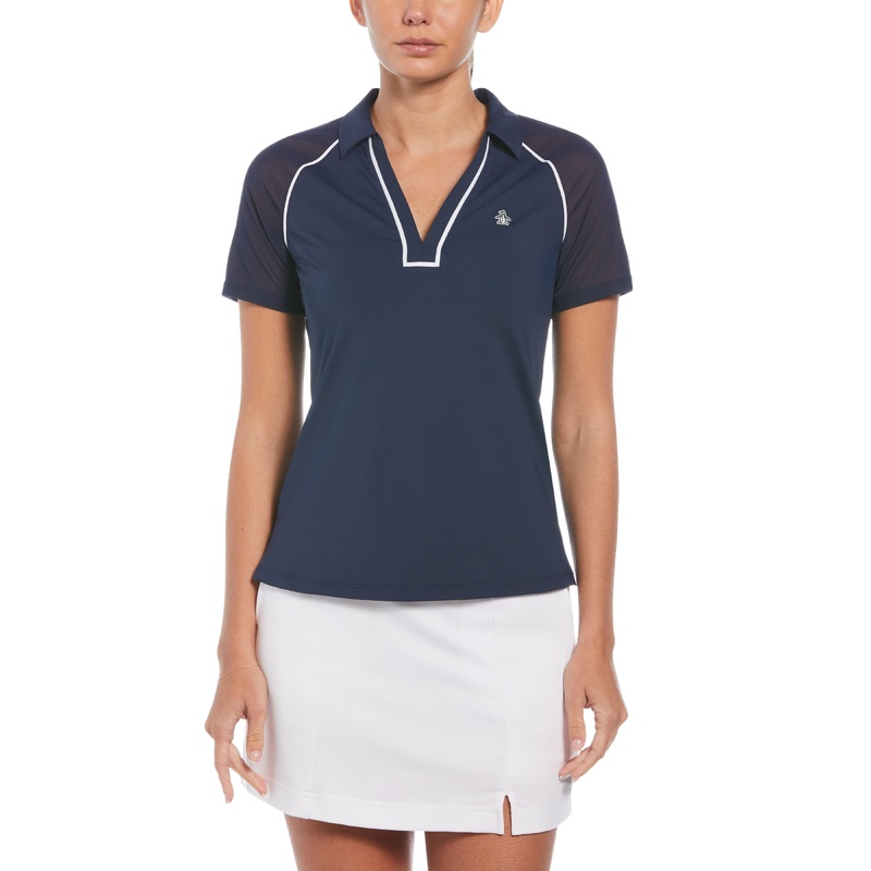Women’s V-Neck Mesh Block Short Sleeve Golf Polo Shirt with Contrast Piping