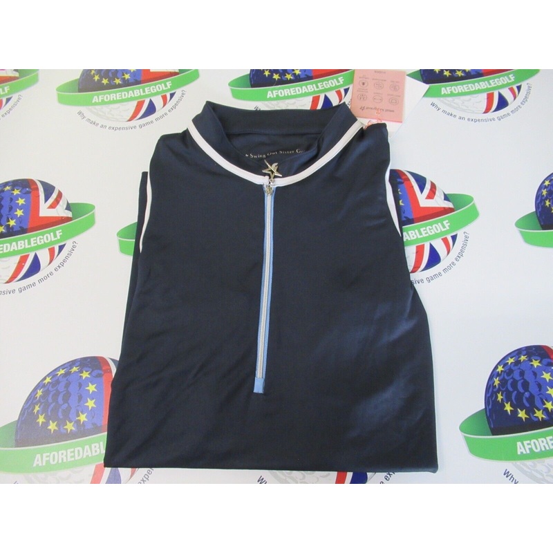 Swing Out Sister Alice Zip Up Sleeveless Polo Shirt Navy Blazer UK Size Large