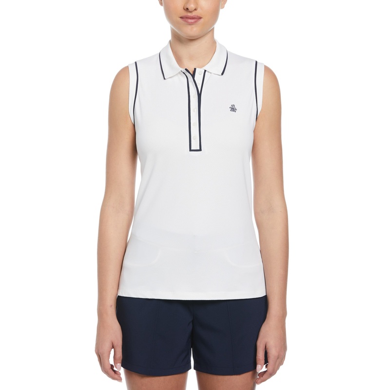 Original Penguin Women’s Sleeveless Polo in Bright White with Contrast Piping