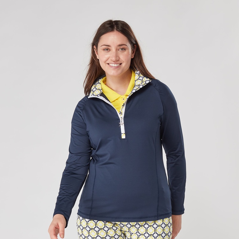 Swing Out Sister Women’s Zip-Neck Top in Navy and Sunshine