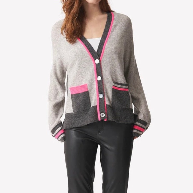 Brodie Varsity Pop Cardigan – Grey/Neon Pink