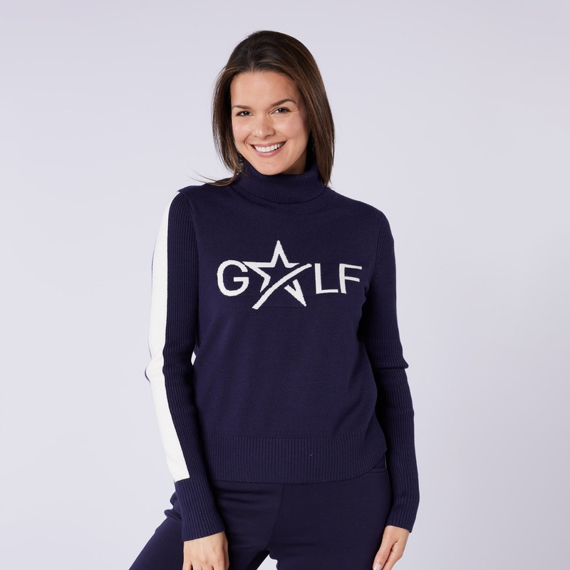 Swing Out Sister Womens ‘Golf’ Roll Neck with Ribbing in Navy & White
