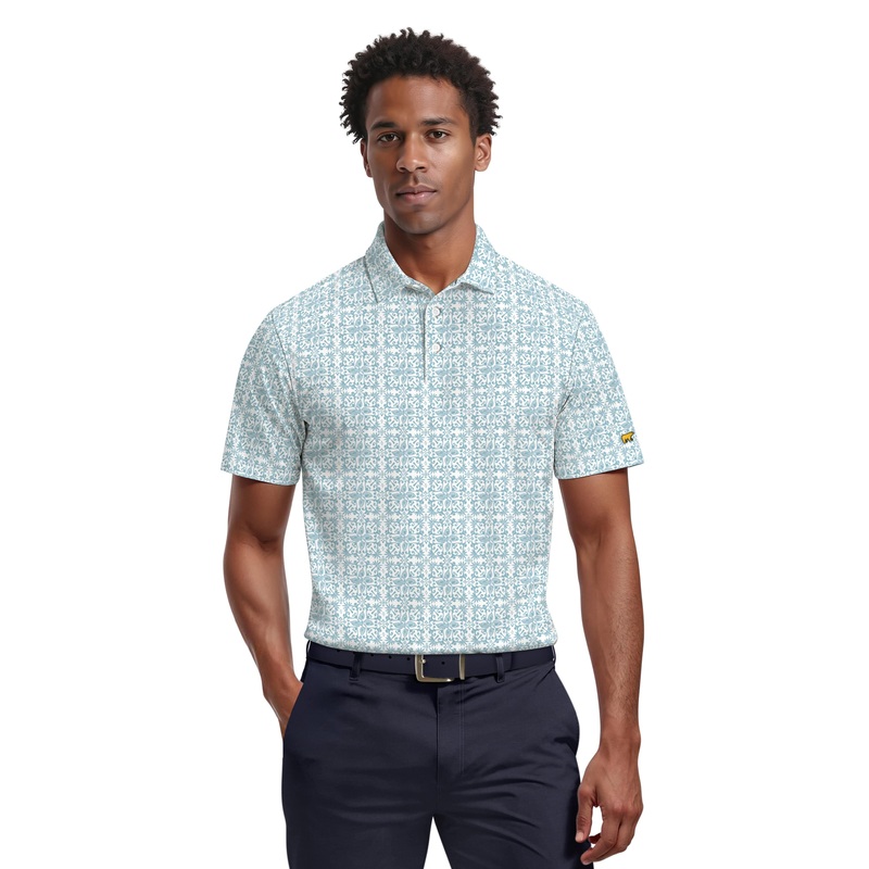 Men’s Tile Print Polo|White|Mood Indigo|S|M|L|XL|XXL|XXXL