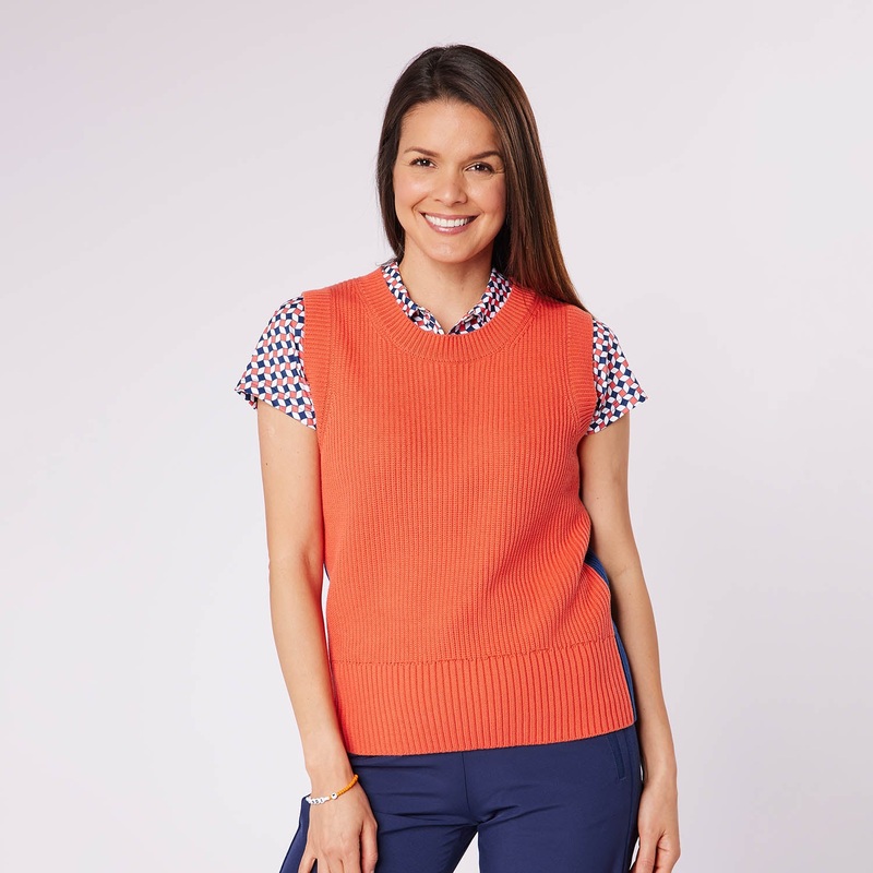 Swing Out Sister Ladies Knitted Sleeveless Sweater in Navy & Coral
