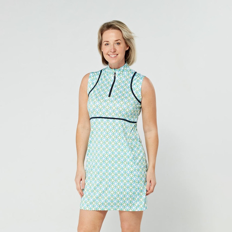 Swing Out Sister Ladies Sleeveless Golf Dress in Dazzling Blue and Emerald Mosaic Pattern
