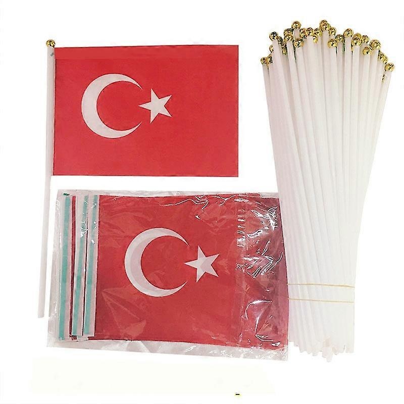 ZXZ 100pcs Turkey hand Flag 14*21cm Polyester Double Side Printing TUR Turkey Hand Flag with plastic flagpole