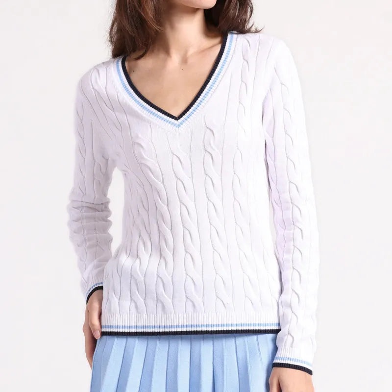 Minnie Rose Sporty V-Neck Sweater – White/Blue