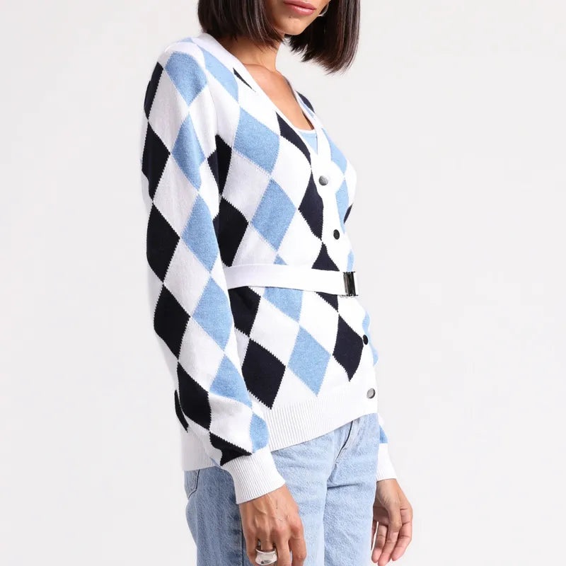Minnie Rose Belted Argyle Cardigan – Navy/Blue/White