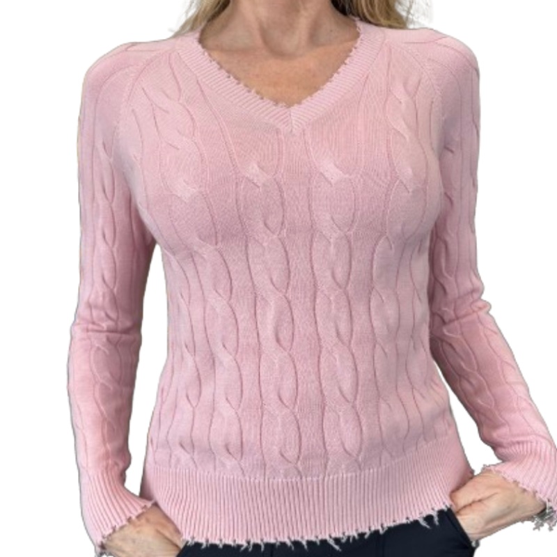 Minnie Rose Frayed Cable Sweater – Pink Pearl