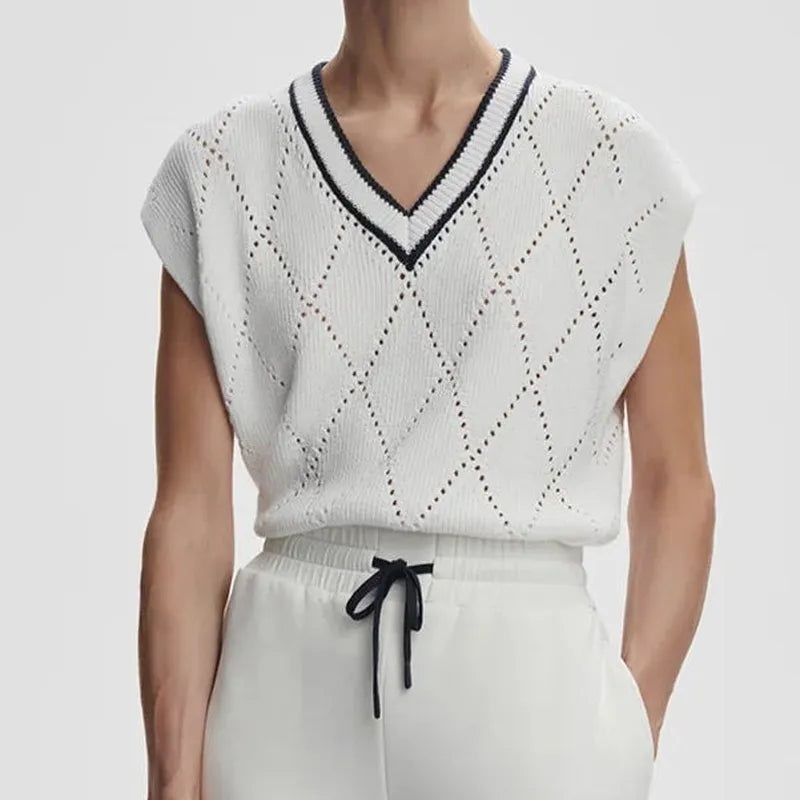 Varley Beaton Diamond Knit S/S Top – White/Blue Nights