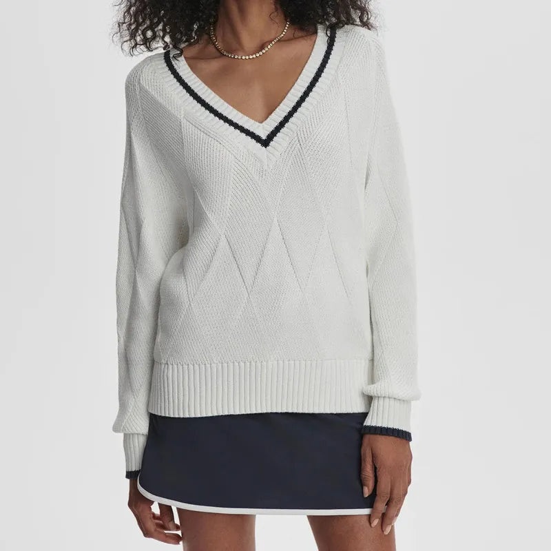 Varley Ray Diamond V-Neck Sweater – White/Blue Nights