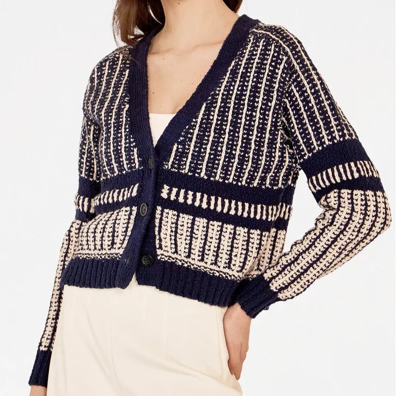 Autumn Cashmere Two-Tone Jacquard Cardigan – Navy/Sand