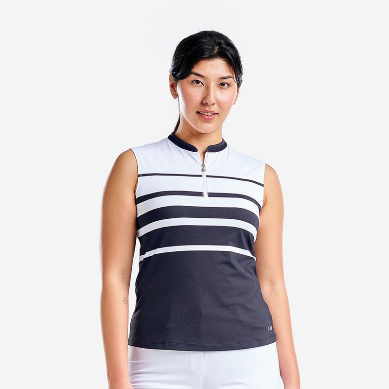 Nivo Women’s Sleeveless Polo in White & Navy Stripes