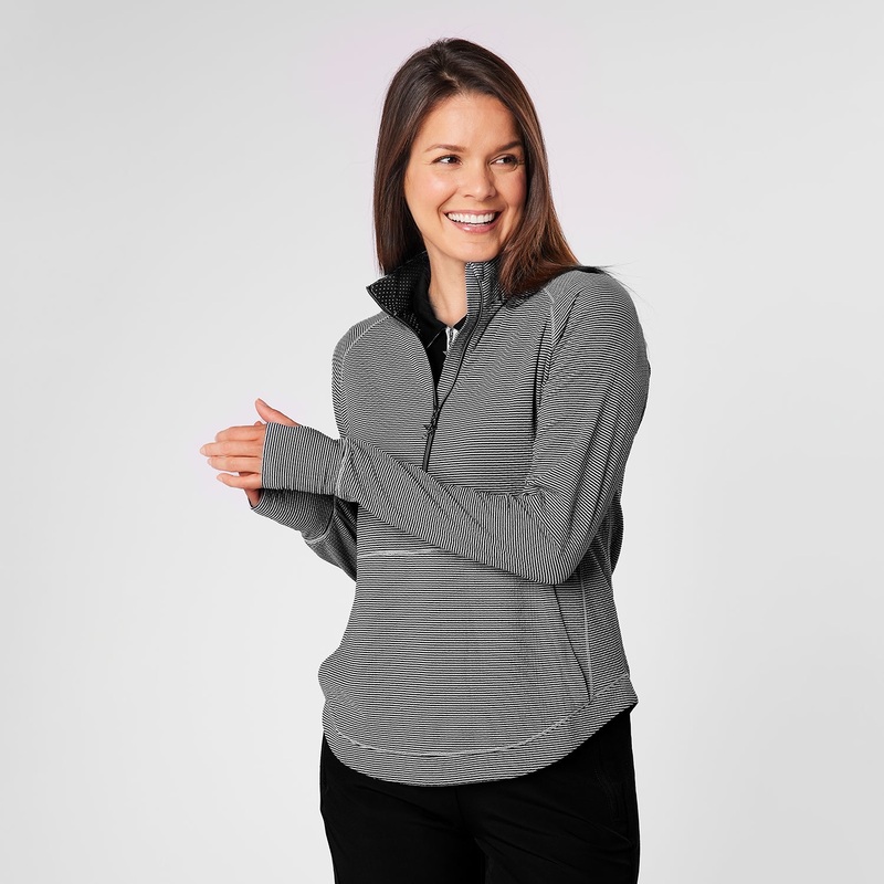 Swing Out Sister Womens Fine Stripe Zip-Neck Top with Front Pocket in Black & White