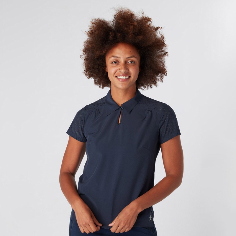 Swing Out Sister LWomen’s Laser Print Navy Cap Sleeve Golf Polo