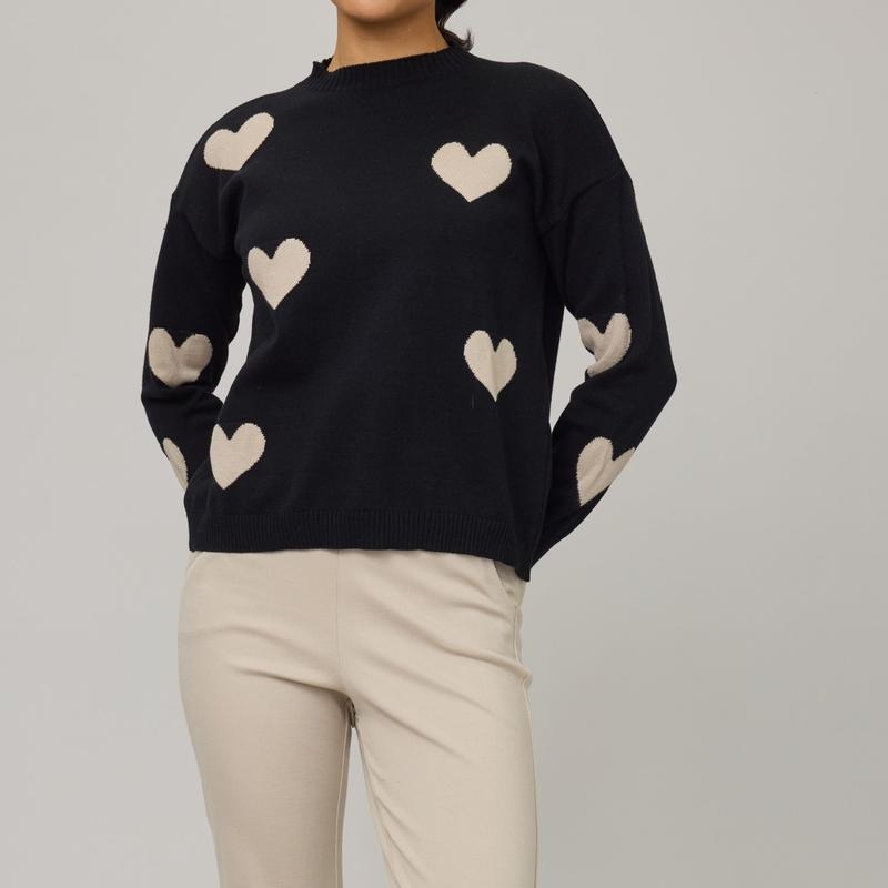 Pistache Heart Knit Sweater – Black/Beige