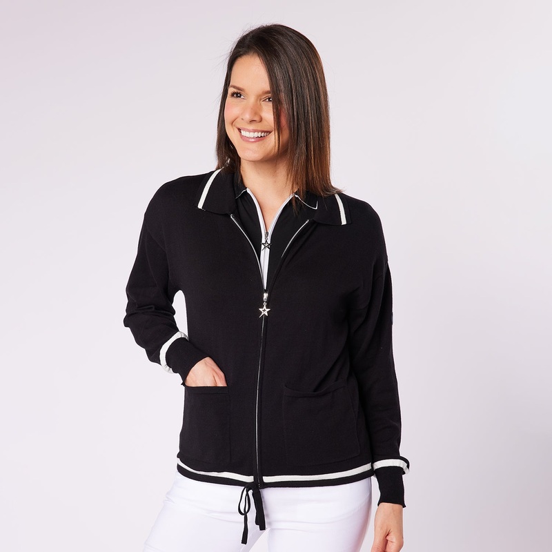 Swing Out Sister Ladies Full Zip Cotton Blend Cardigan with Drawstring Waist in Black & White