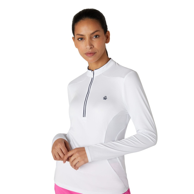 Original Penguin Women’s Zip-Neck Top with Mesh Panels in Bright White