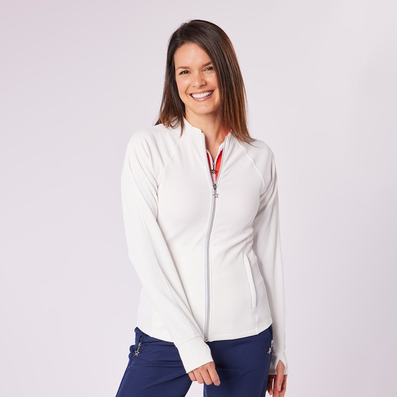 Swing Out Sister Ladies Collarless Ribbed Jacket with Soft-Stretch in Warm White