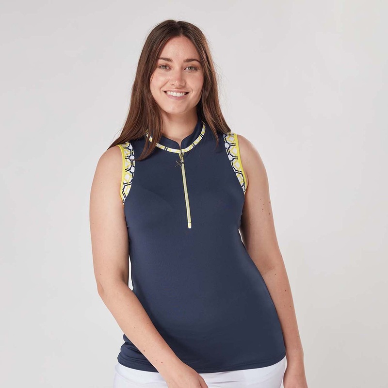 Swing Out Sister Women’s Zip Neck Sleeveless Polo in Sunshine and Navy