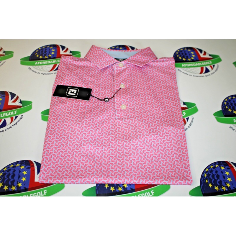 Footjoy EU Citrus Print Lisle Golf Polo Shirt Pink Lemonade/Sky Blue Size Medium