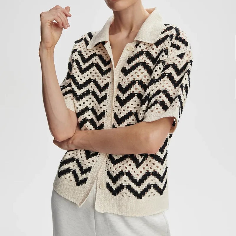 Varley Anais Crochet S/S Polo – Birch/Black