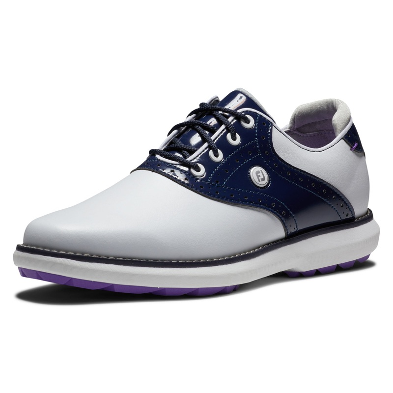 FootJoy Ladies Wide Fit Waterproof Spikeless Traditions Shoes in White & Navy