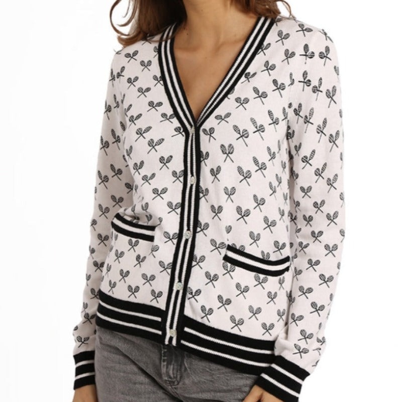 Minnie Rose Cotton Tennis Cardigan – White/Black