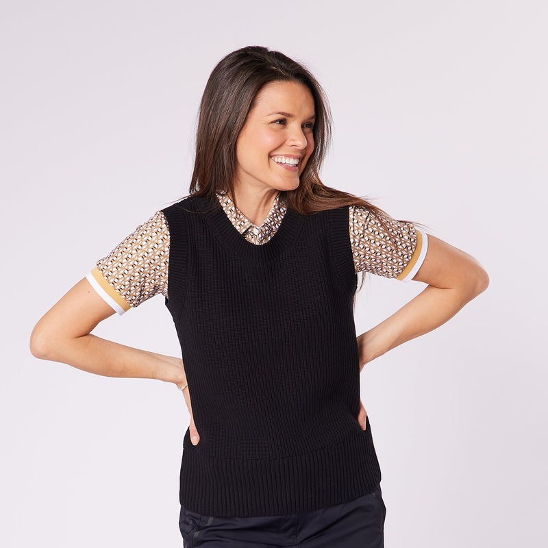 Swing Out Sister Ladies Crew Neck Knitted Sleeveless Sweater in Black & White