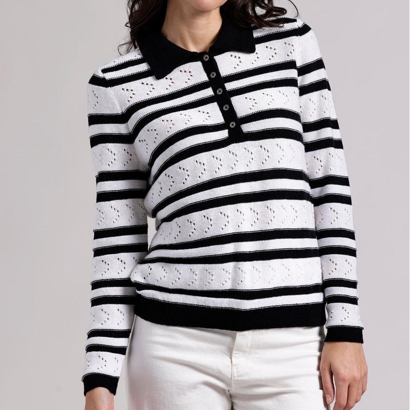 Minnie Rose Stripe Pointelle Sweater – Black/White