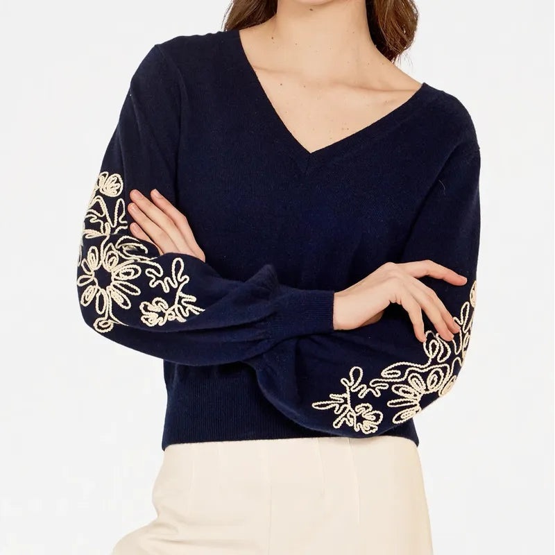 Autumn Cashmere Puff Sleeve Embroidered Sweater – Navy/Chalk