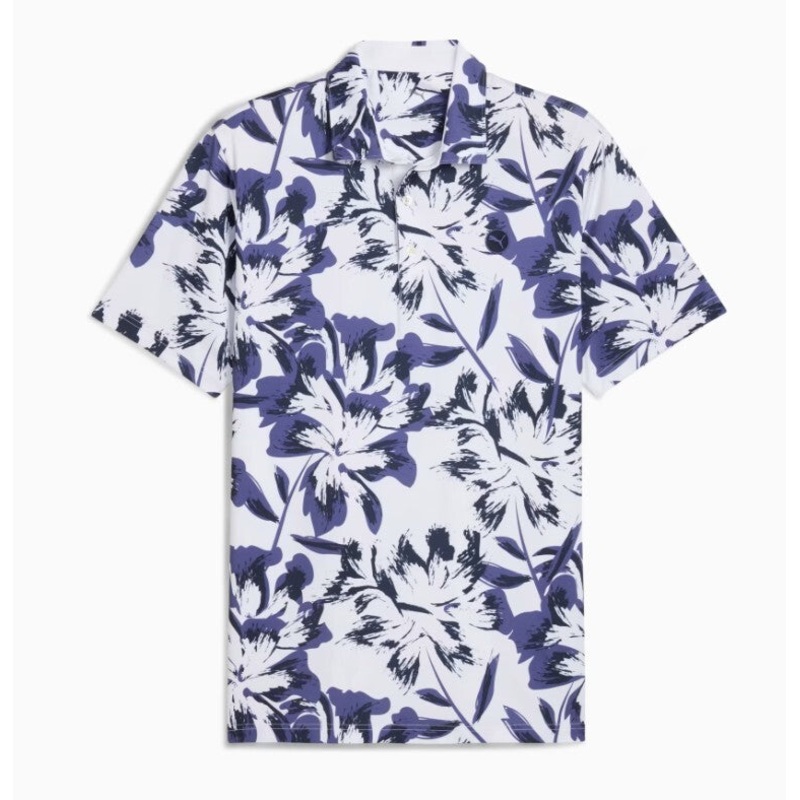 Puma Mattr Broken Flower Polo Shirt White Glow Blue Crystal UK Size Large