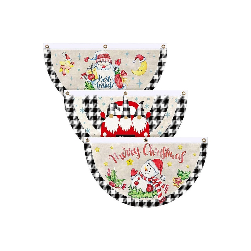 3 Pieces Christmas Buffalo Plaid Flag Outdoor Bunting Flags Christmas Half Fan Flag Banner