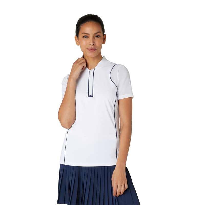 Original Penguin Women’s Bright White Zip-Neck Short Sleeve Polo With Mesh