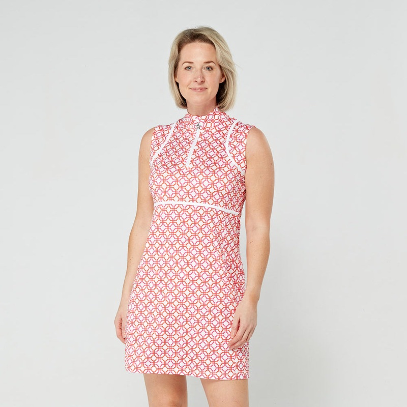 Swing Out Sister Ladies Sleeveless Golf Dress in Lush Pink and Mandarin Mosaic Pattern