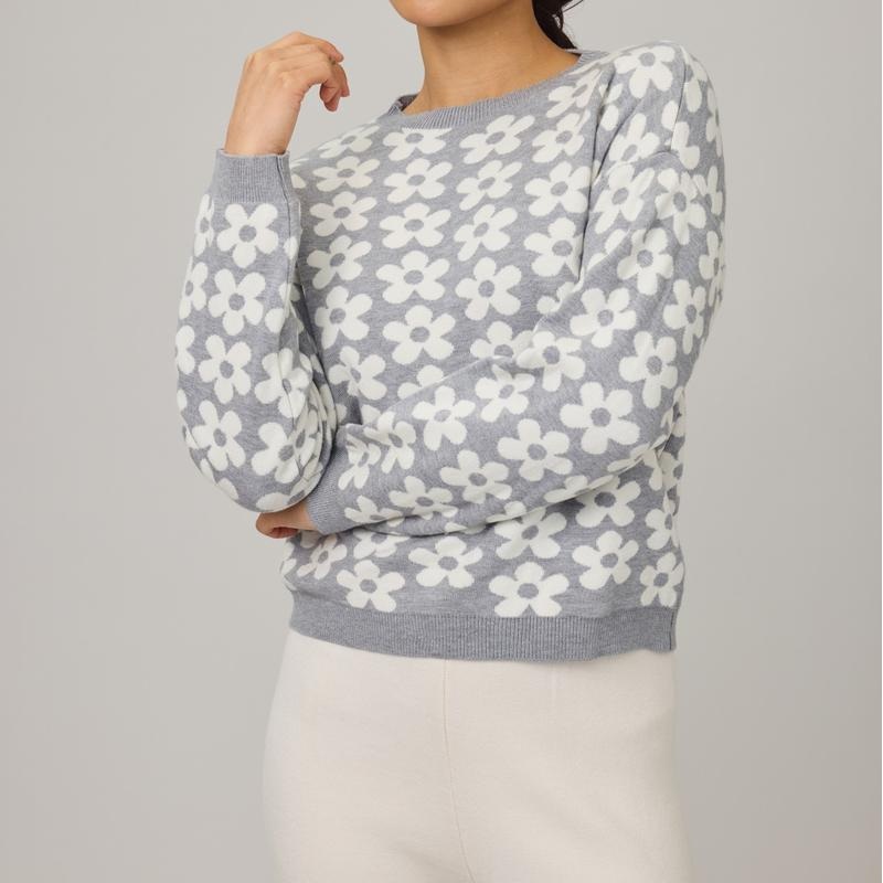 Pistache Daisies Knit Sweater – Grey/Ivory