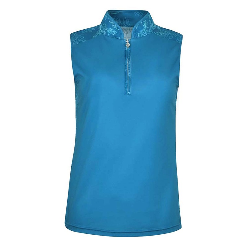 Pure Golf Ladies Rich Blue & Feather Print Sleeveless Polo