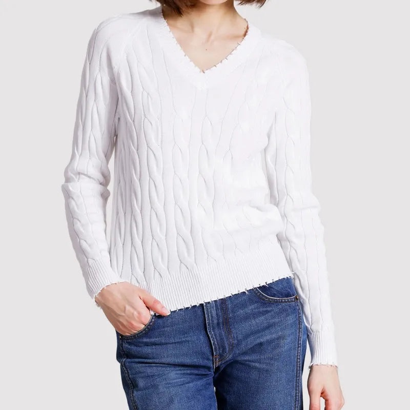 Minnie Rose Frayed Cable Sweater – White
