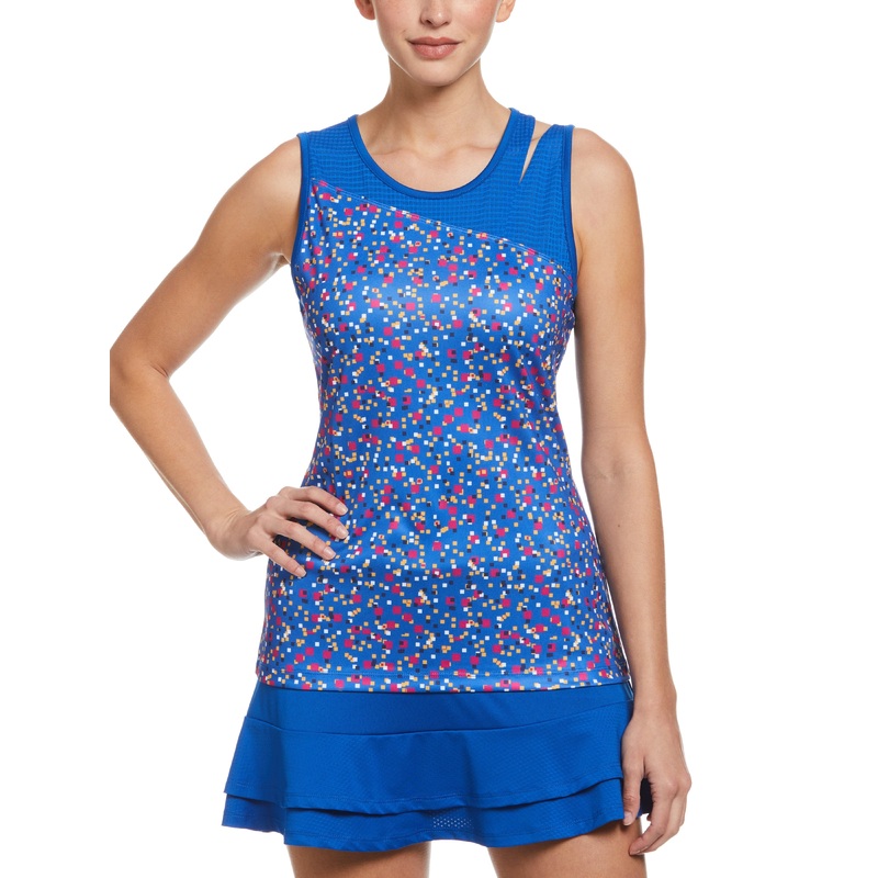 Women’s Confetti Geo Printed Asymmetrical Tennis Tank with Mesh Blocking