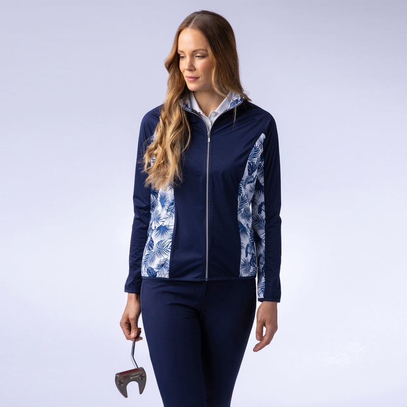Glenmuir Ladies Lightweight Showerproof Performance Golf Jacket in Navy & White Tropical Print