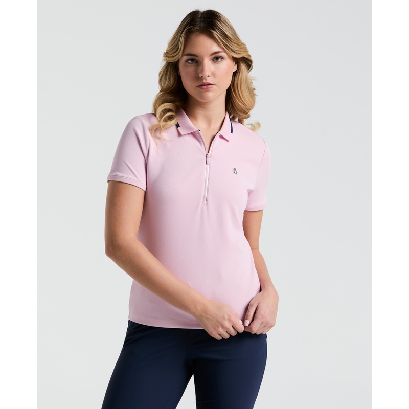 Women’s Ribbed Metallic Zipper Golf Polo