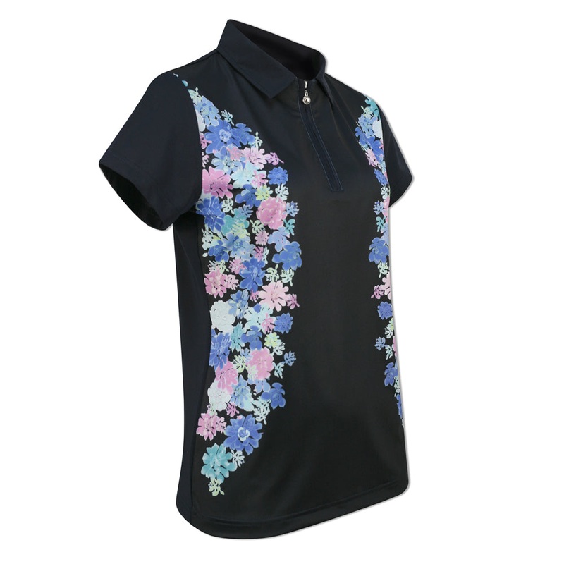 Daily Sports Ladies Short Sleeve Polo with Zip-Neck in Navy & Floral Print