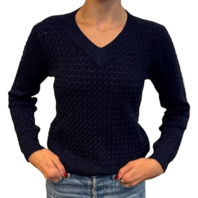 Pistache V-Neck Chain Knit Sweater – Navy