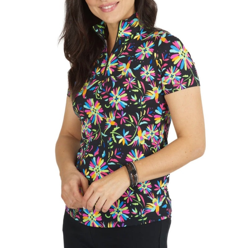 IBKUL Estela S/S Zip Mock – Black/Multi
