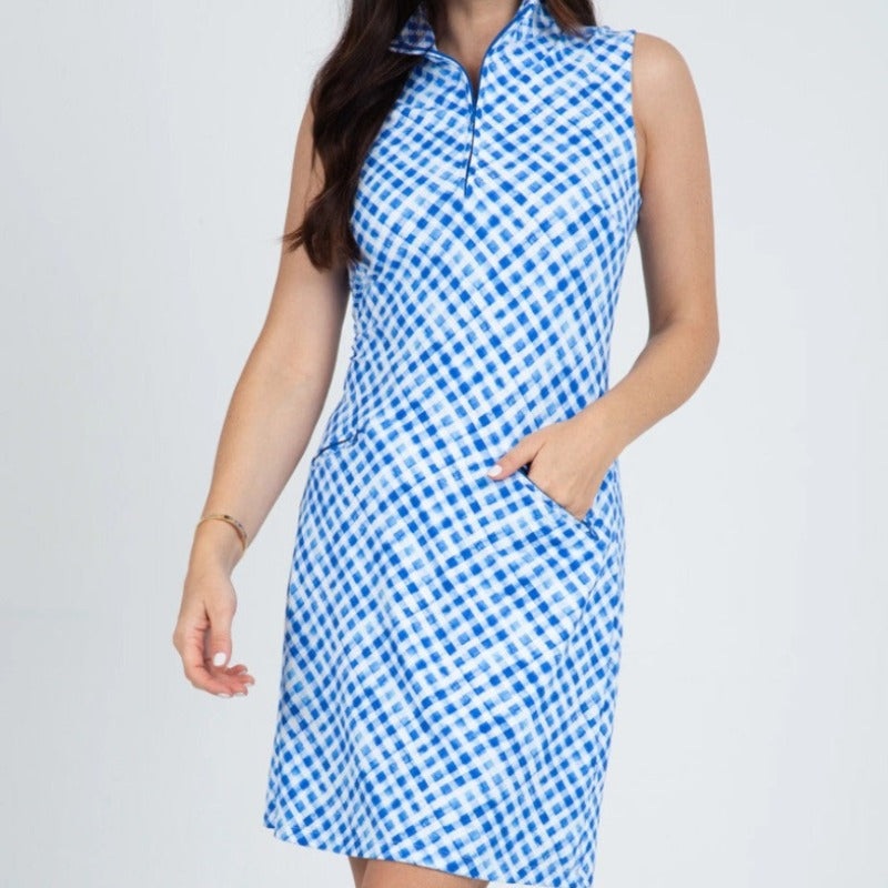 IBKUL Gingham S/L Zip Mock Neck Dress – Blue/White
