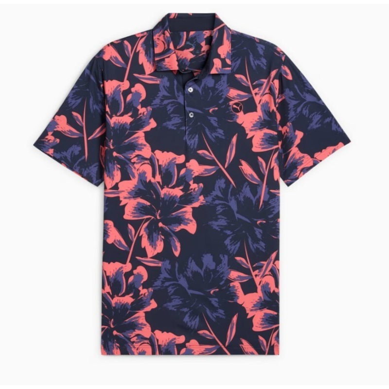 Puma Mattr Broken Flower Polo Shirt Deep Navy Peach Frost UK Size XL