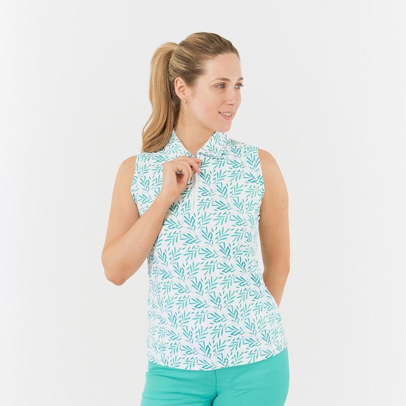 Pure Golf Ladies Amity Sleeveless Polo Shirt in Floating Palms White